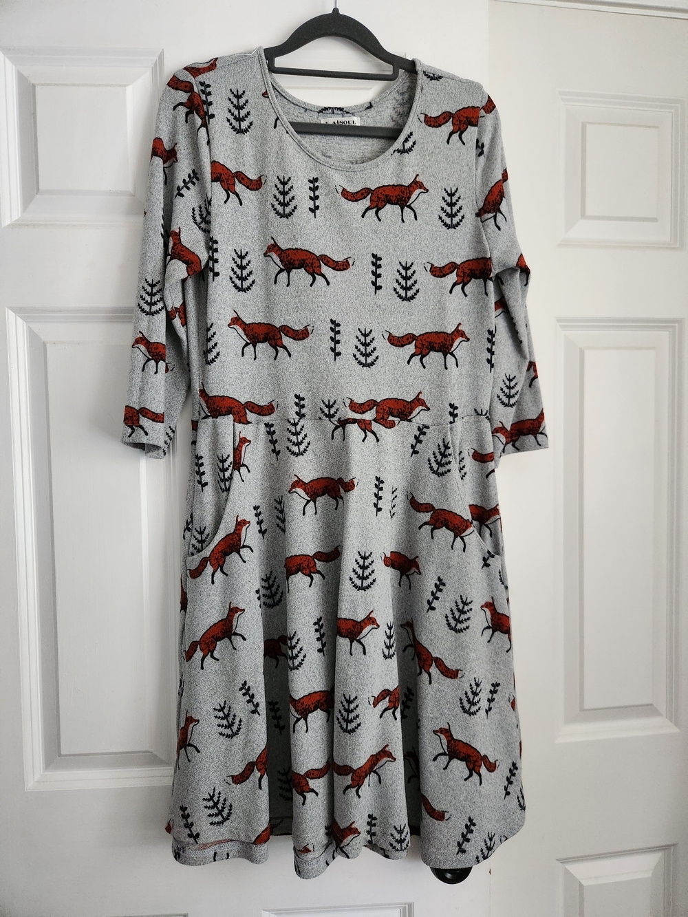 Gray Long-Sleeve Swing Dress with Fox Print